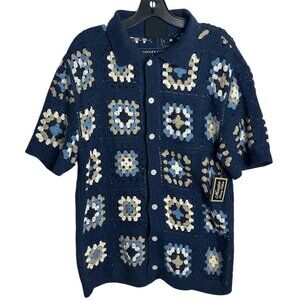Massive Luxury Edition Men's Crochet Knit Button Shirt Navy Size M New